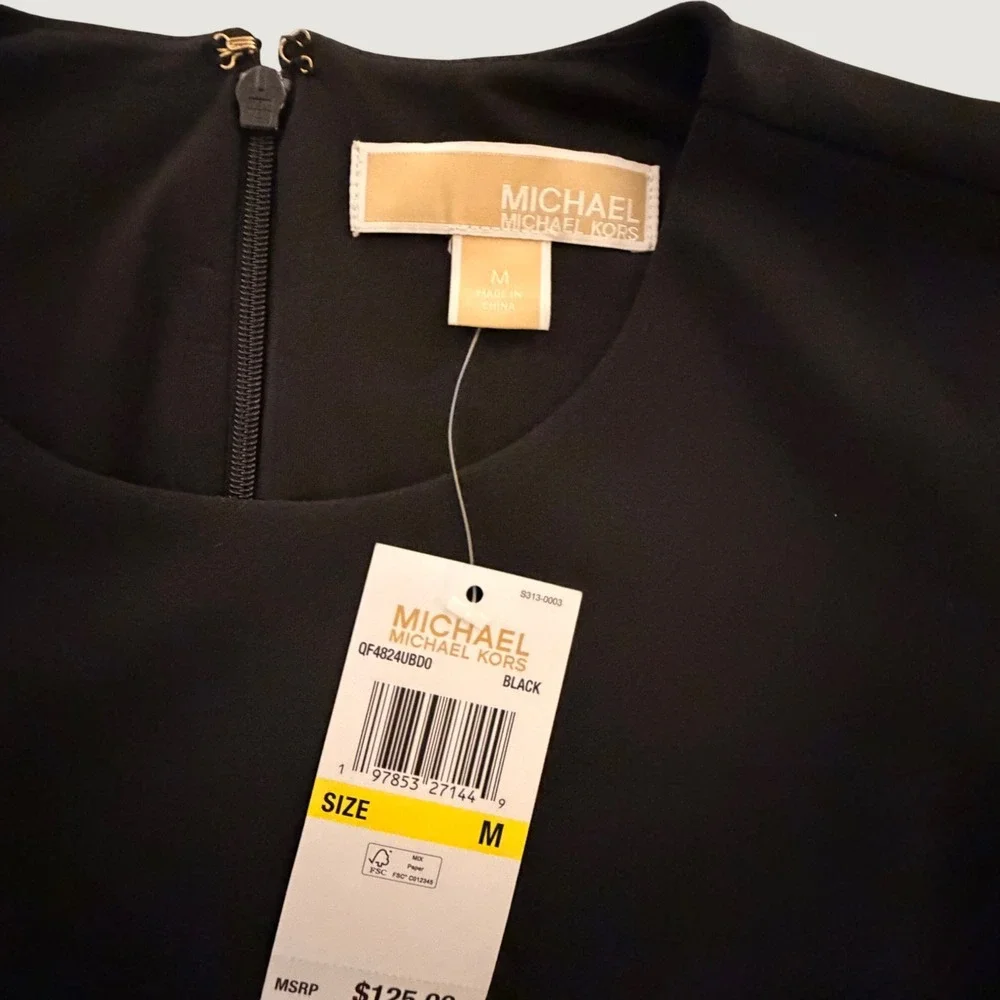 NWT Michael Kors Womens Black Sleeveless Ruffle Hem Dress MK Logo Buttons Size M